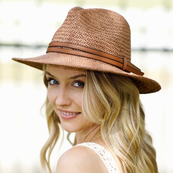 SOLD OUT Light Brown Woven Panama Hat w/ Faux Leather Double Band Women's - Picture 4 of 7